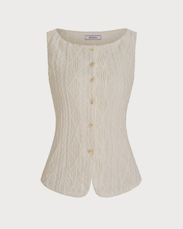 Beige Boat Neck Button Tank Top