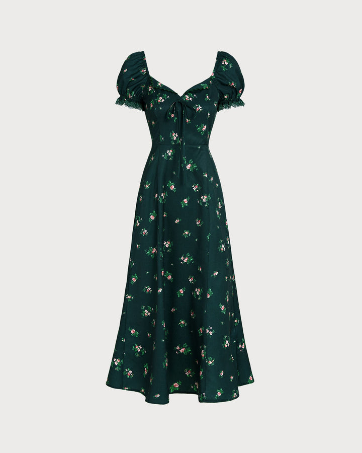 Green Puffed Sleeve Floral Midi Dress