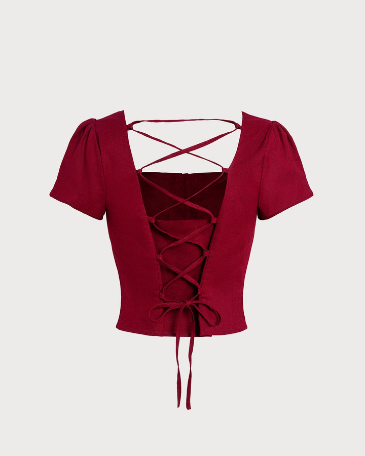 Red Square Neck X Cross Tie Blouse