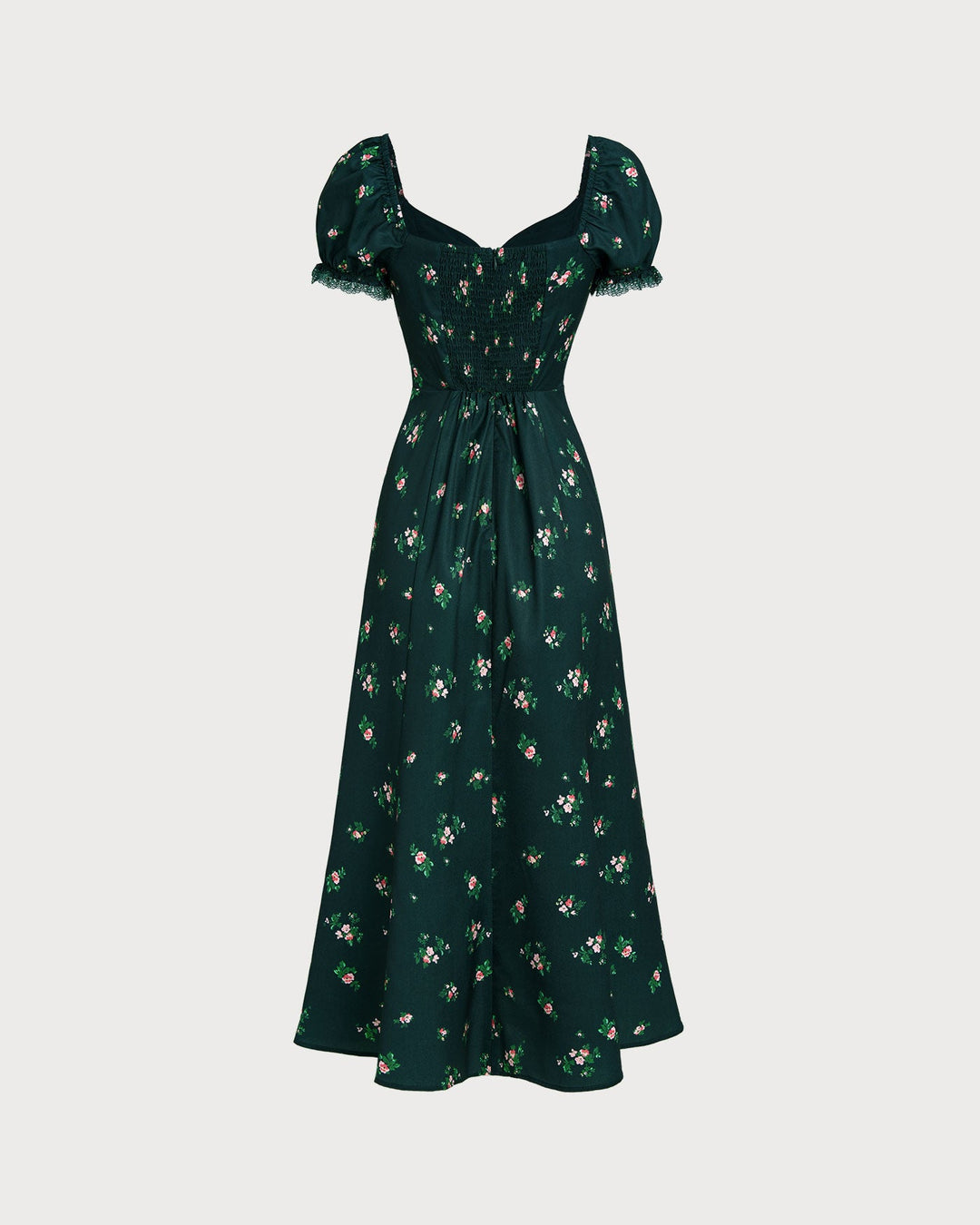 Green Puffed Sleeve Floral Midi Dress