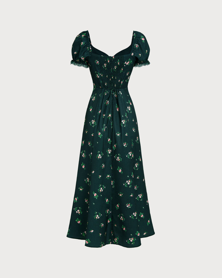 Green Puffed Sleeve Floral Midi Dress