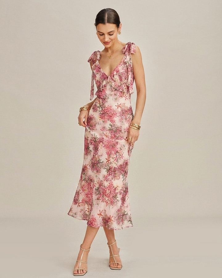 Pink Floral Ruffle Tie Strap Midi Dress