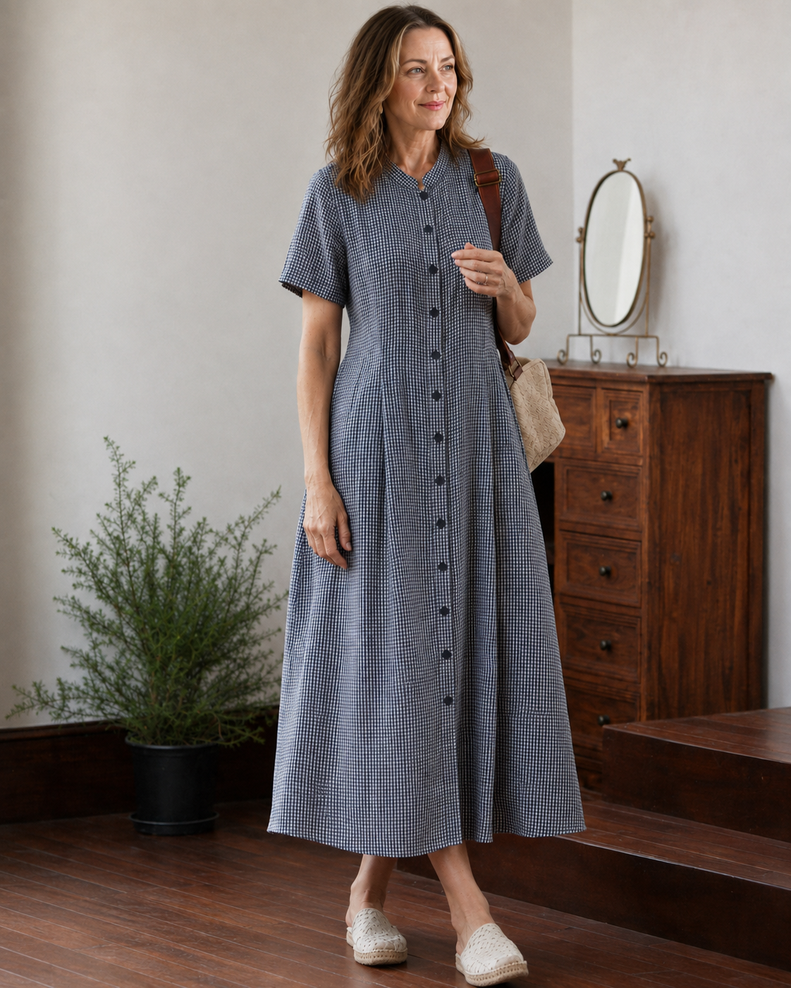 Sandra Summer Plaid Stand Collar Loose Dress