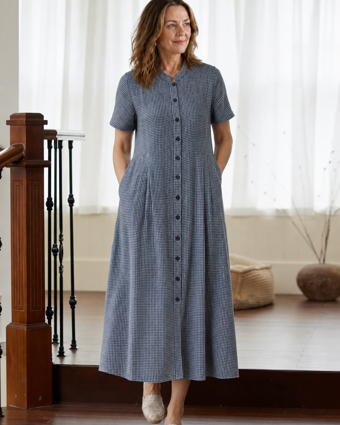 Sandra Summer Plaid Stand Collar Loose Dress