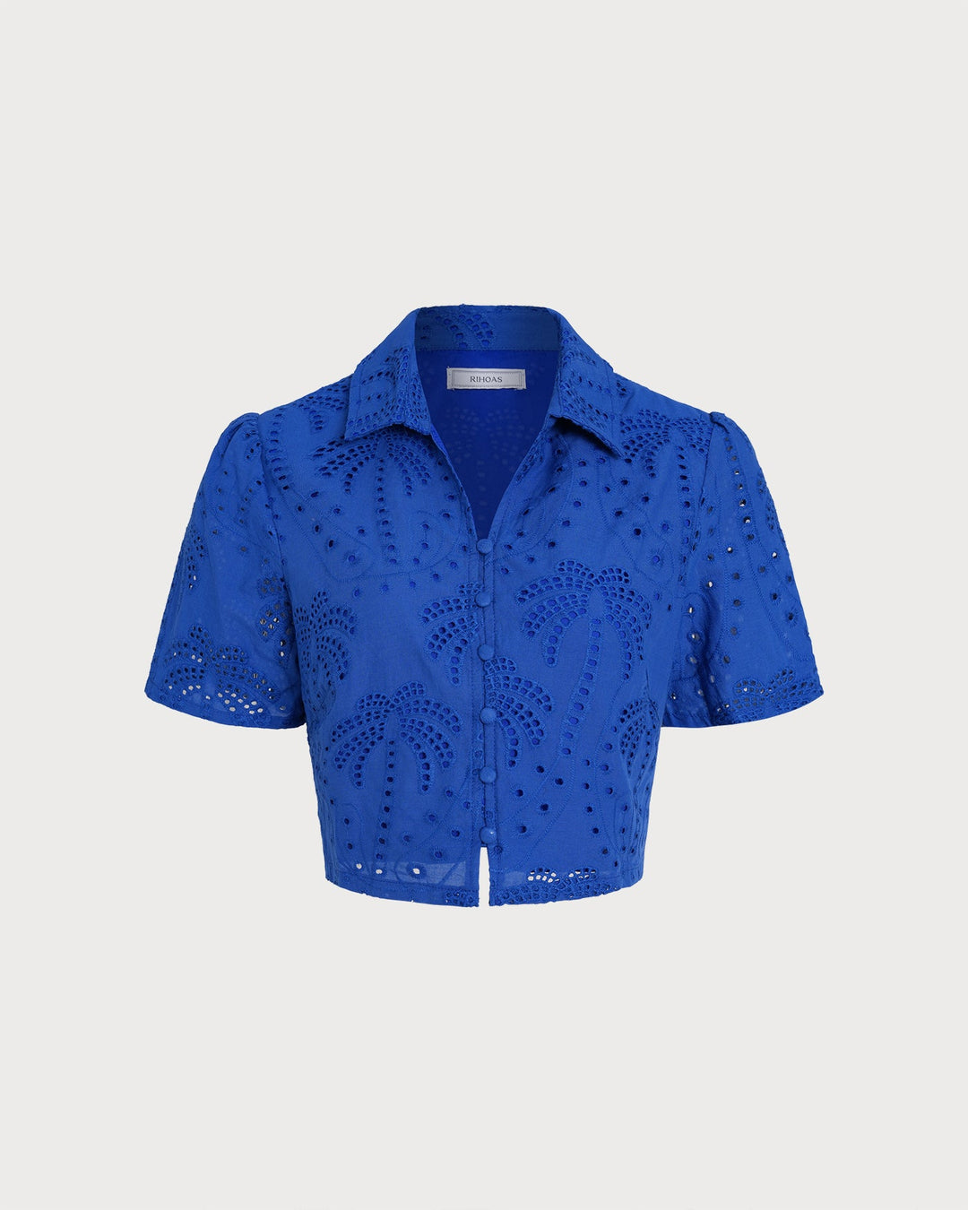 Blue Textured Button Collar Blouse