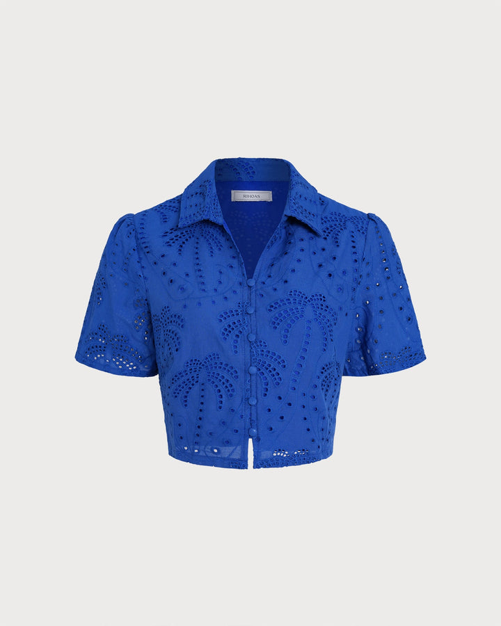 Blue Textured Button Collar Blouse