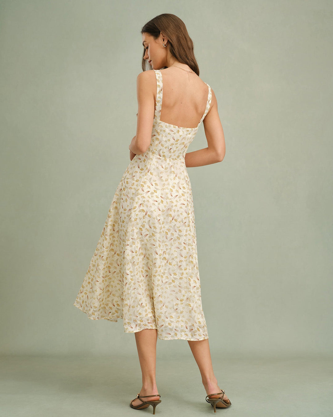 Apricot Floral Zipper Slip Midi Dress