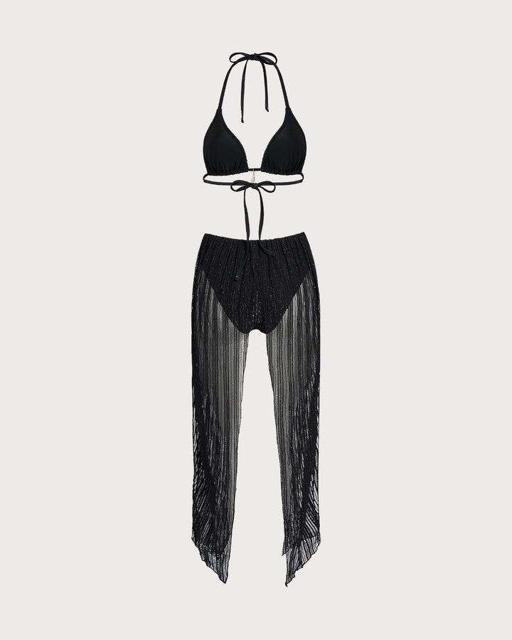 Black Halter Drawstring Triangle Bikini Set