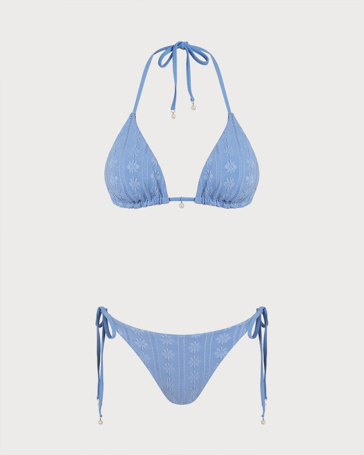 Blue Halter Triangle Reversible Bikini Set
