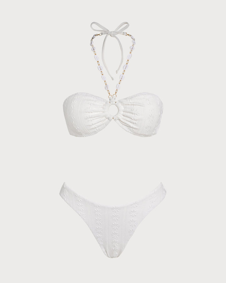 White Halter Jacquard Bandeau Bikini Set