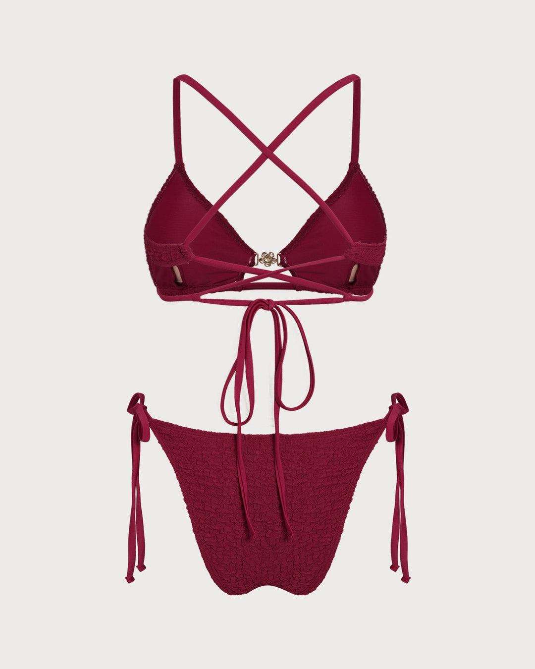 Wine Red Textured Drawstring Bikini Set