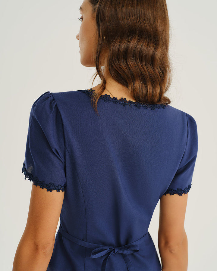 Navy Square Neck Button Blouse