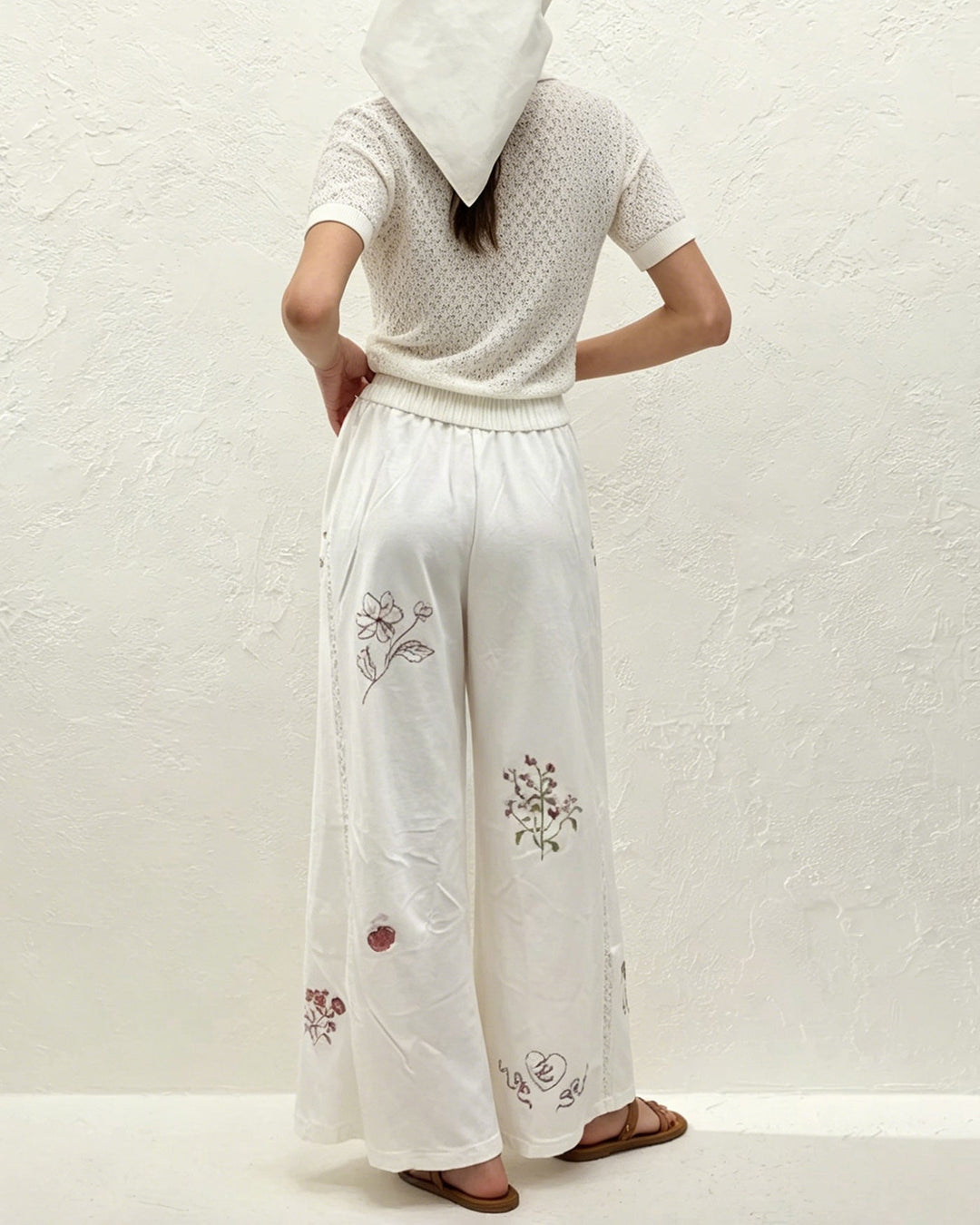 White Floral Embroidery Straight Pants