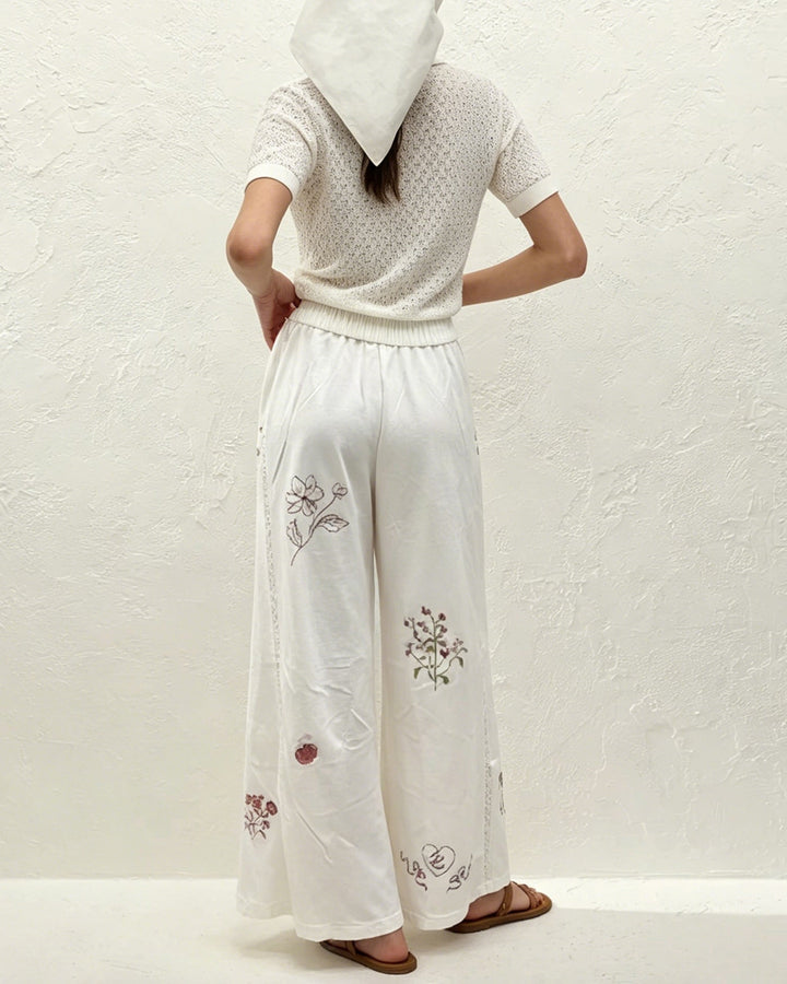 White Floral Embroidery Straight Pants