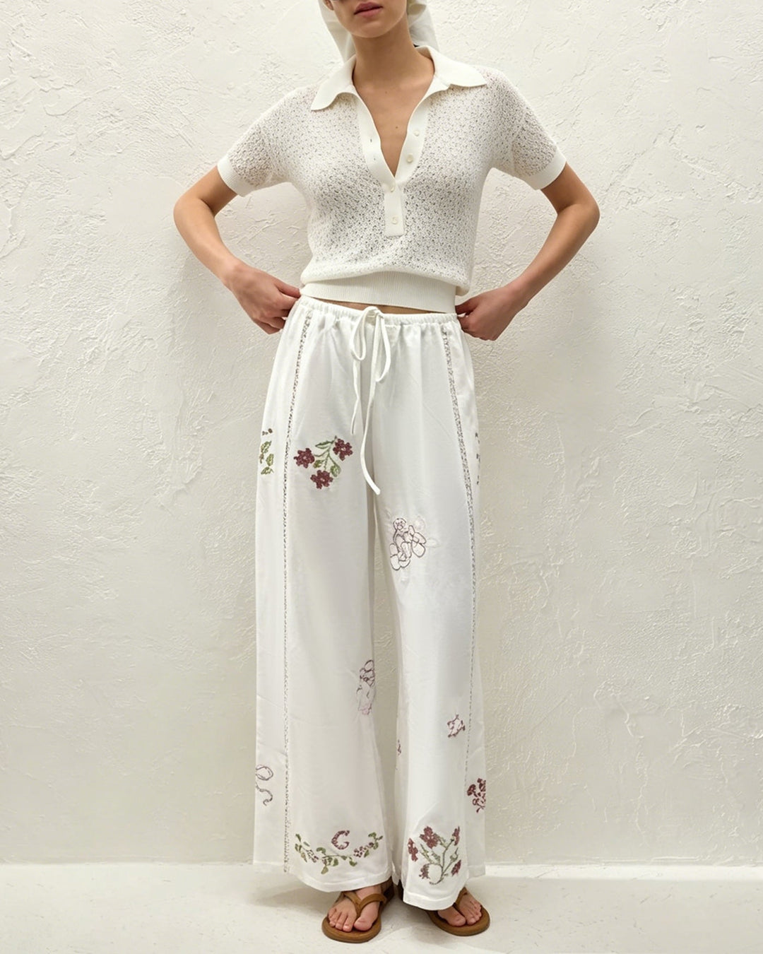 White Floral Embroidery Straight Pants