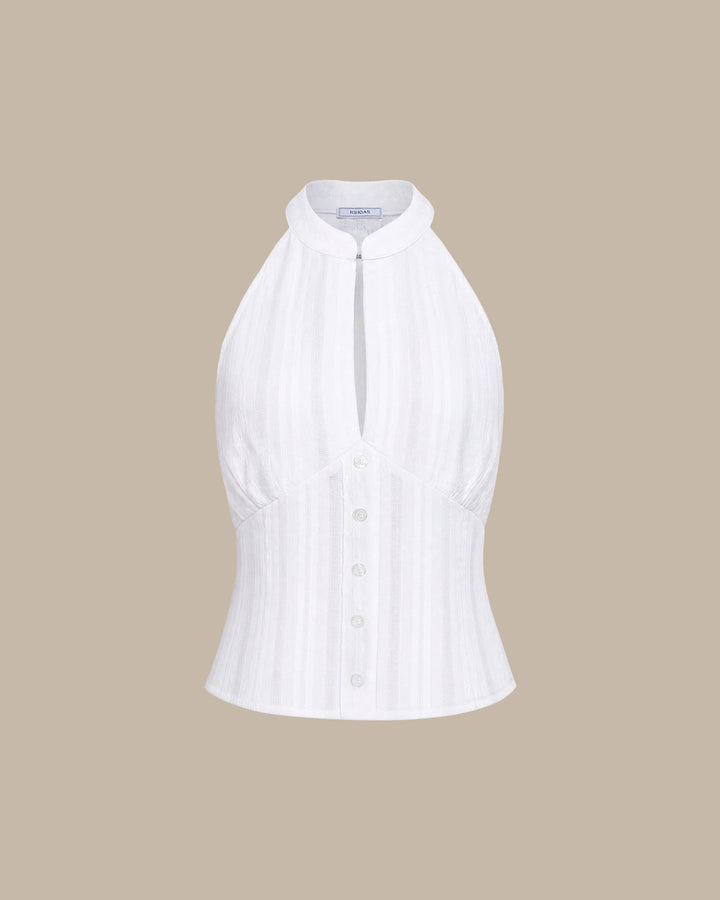White Mandarin Collar Embroidery Tank Top