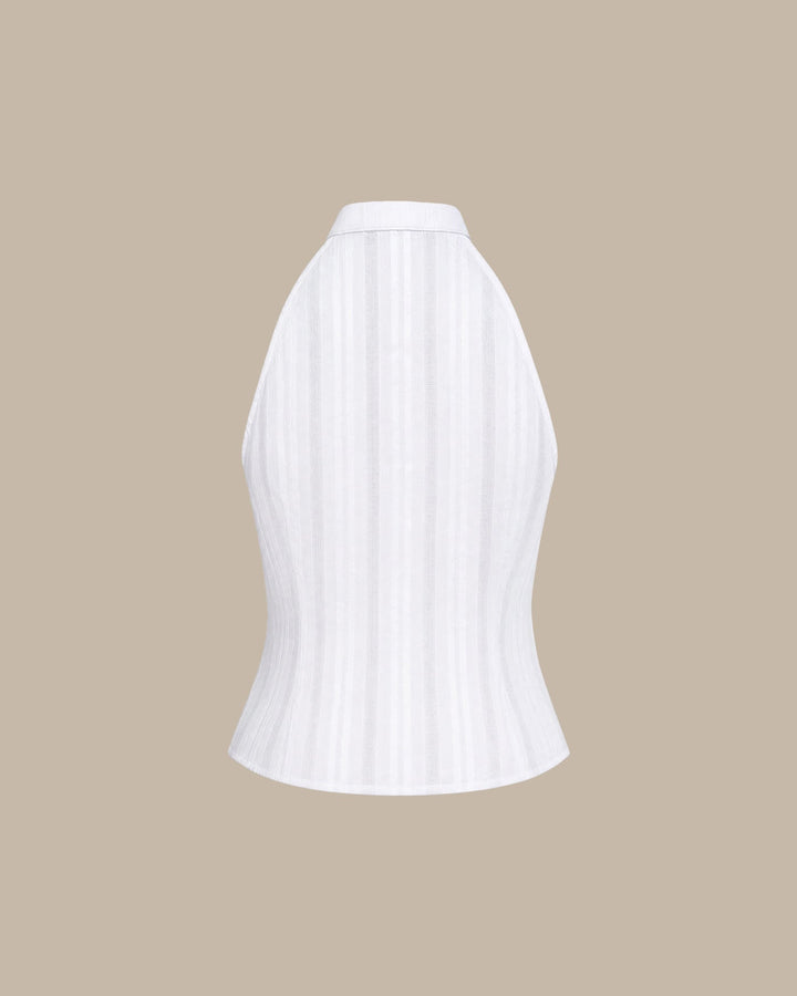 White Mandarin Collar Embroidery Tank Top