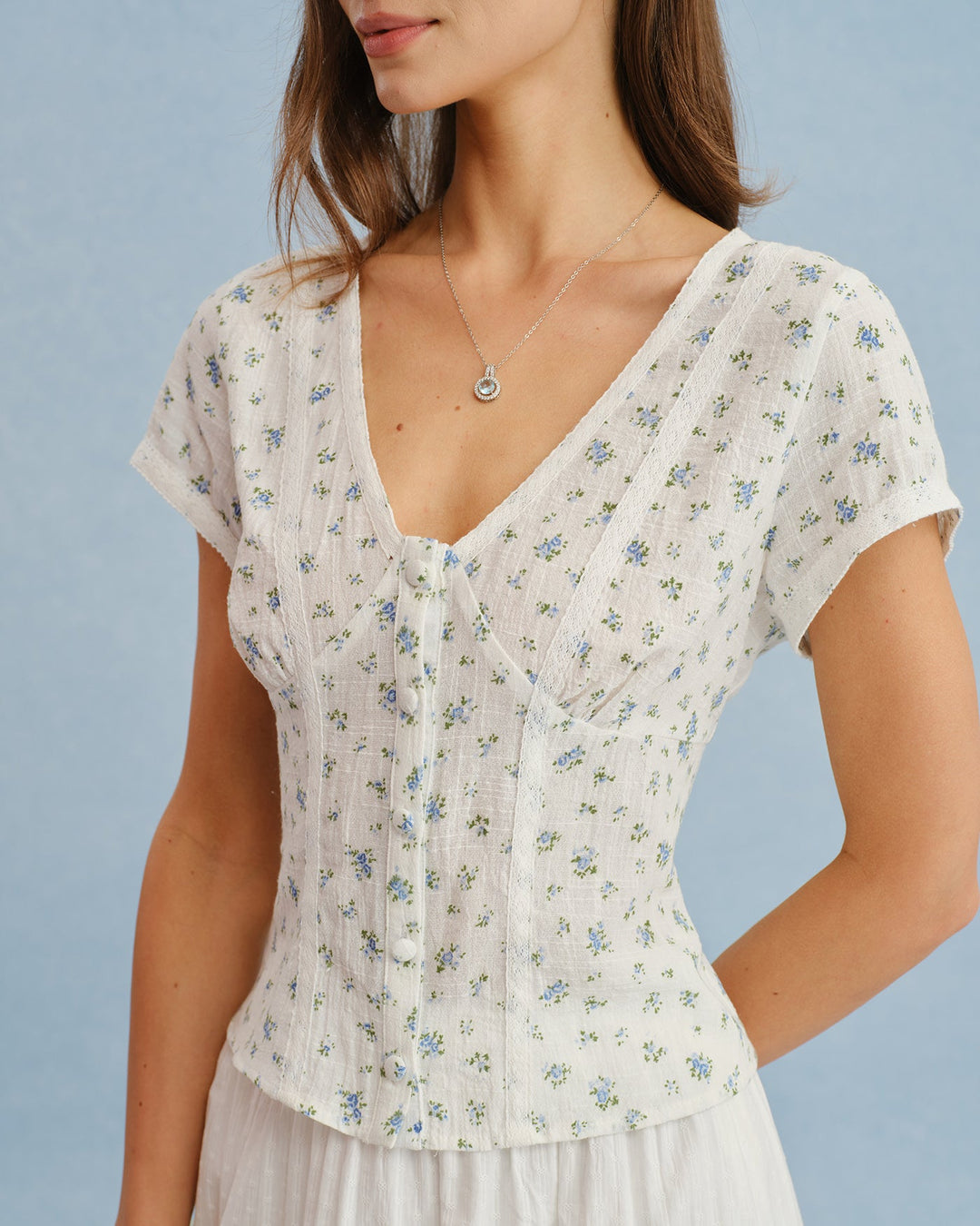 White V Neck Floral Splicing Tee