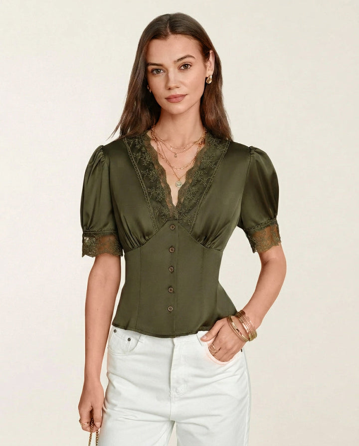Green V Neck Puffed Sleeve Lace Blouse