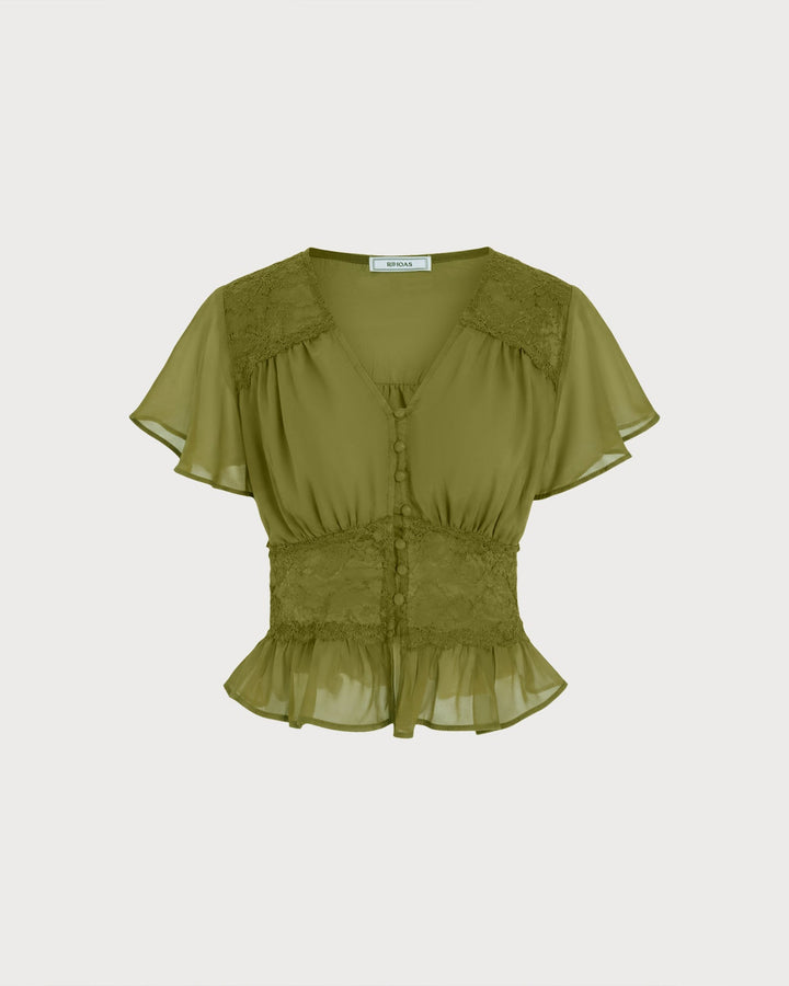 Green V Neck Ruched Blouse