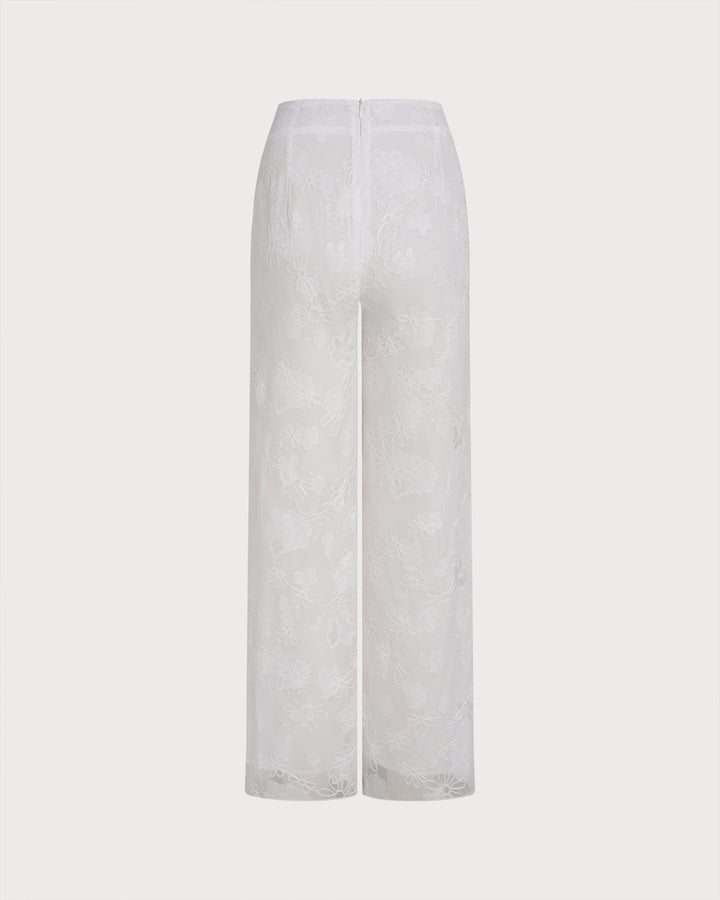 White Floral Textured Elastic Waist Pants