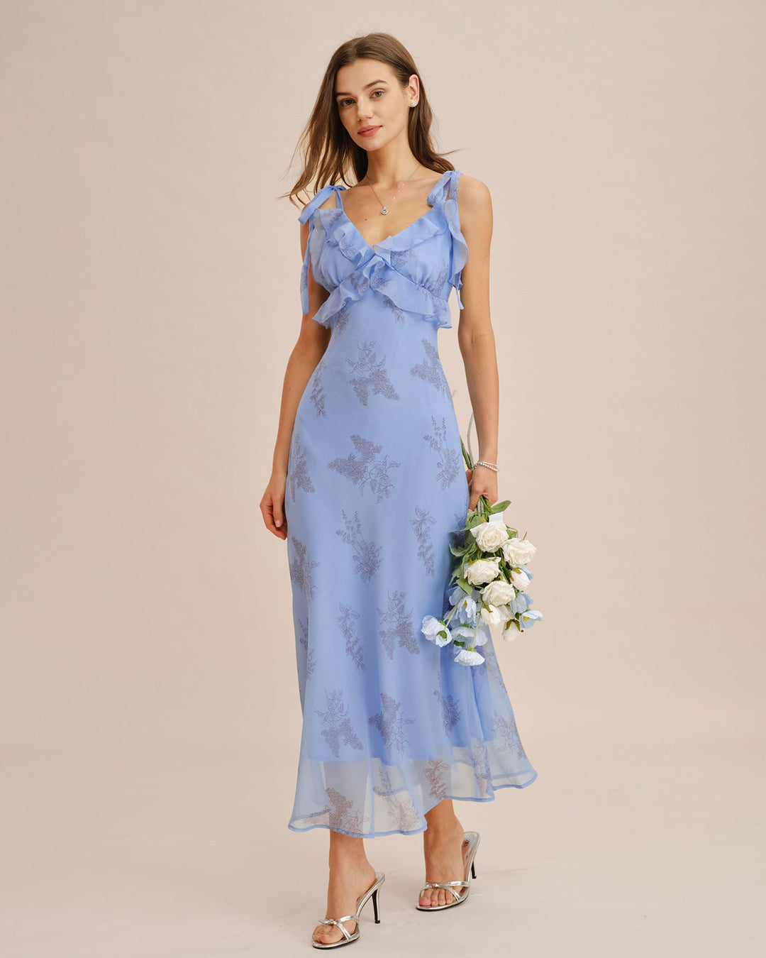 Blue Floral Ruffle Tie Strap Maxi Dress