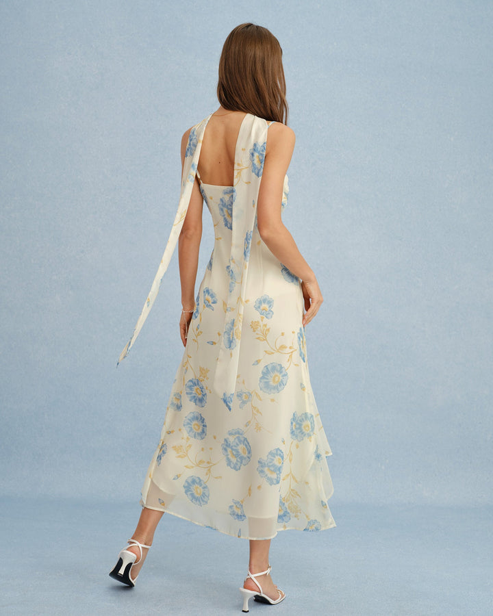 Beige Floral Tie Chiffon Maxi Dress