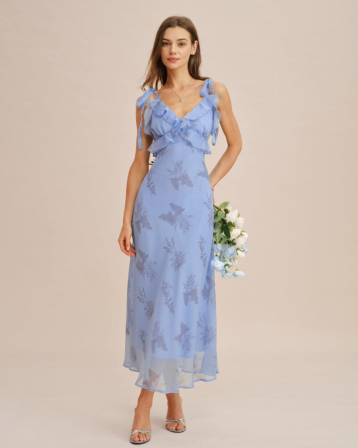 Blue Floral Ruffle Tie Strap Maxi Dress