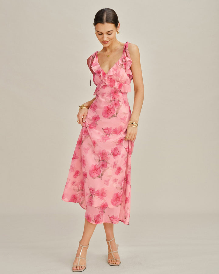 Pink Floral Ruffle Slip Chiffon Maxi Dress