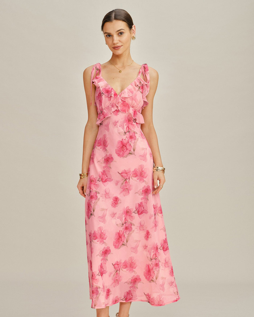 Pink Floral Ruffle Slip Chiffon Maxi Dress