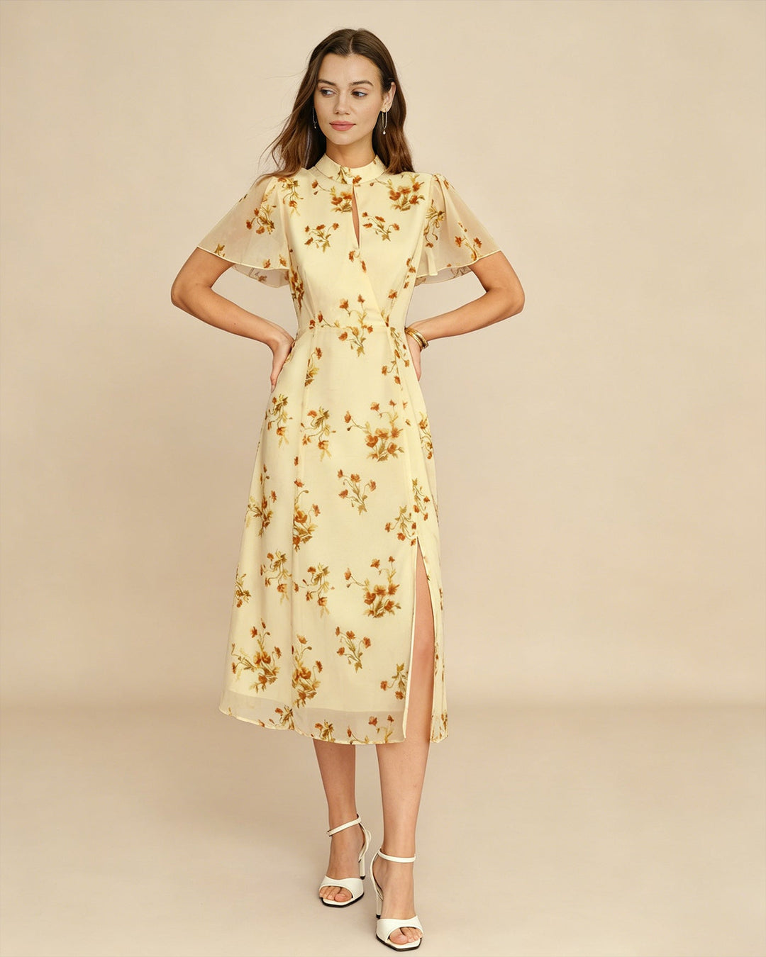 Yellow Turtle Butterfly Sleeve Floral Midi Dress