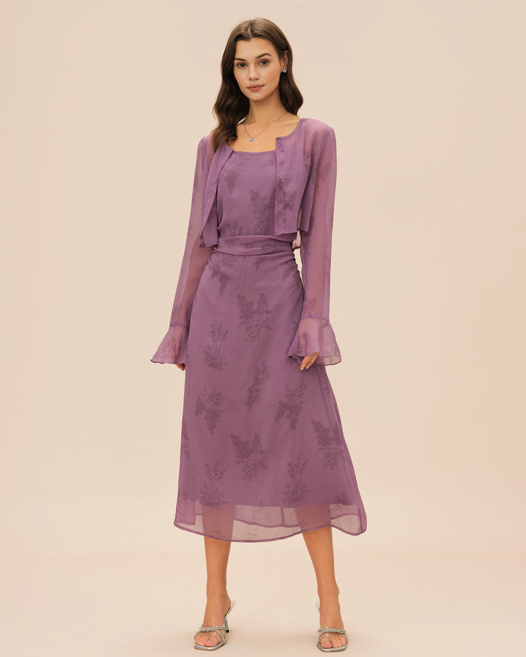Purple Floral Ruched Slip Midi Dress