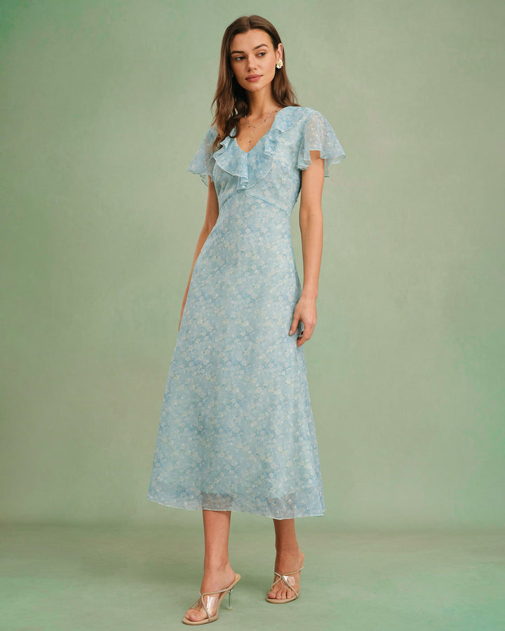 Blue V Neck Floral Ruffle Midi Dress