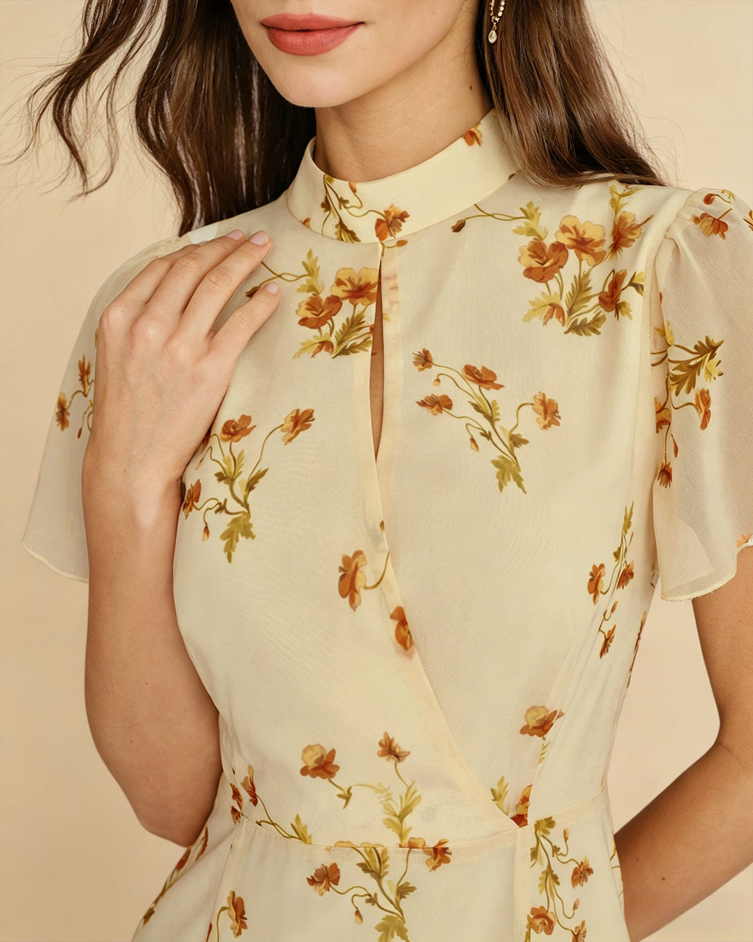 Yellow Turtle Butterfly Sleeve Floral Midi Dress