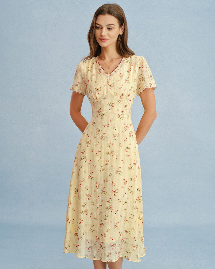 Yellow V Neck Floral Tunic Midi Dress