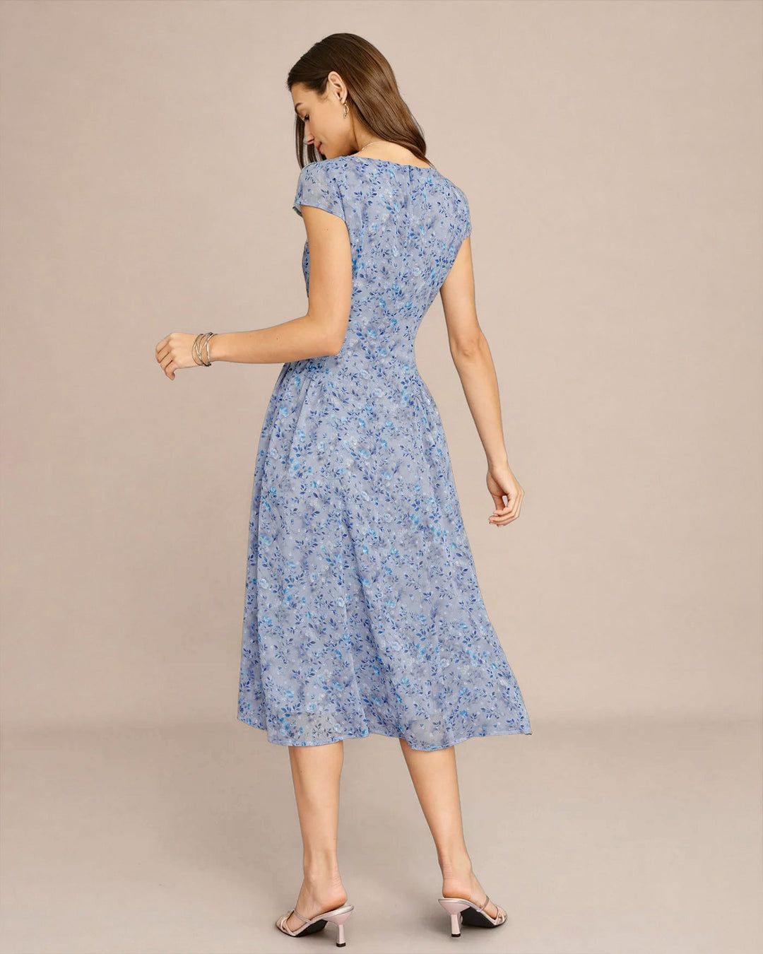 Blue U Neck Button Floral Midi Dress
