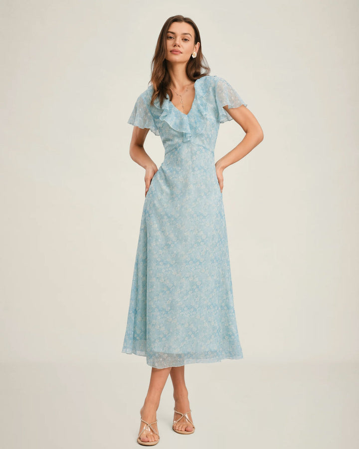 Blue V Neck Floral Ruffle Midi Dress