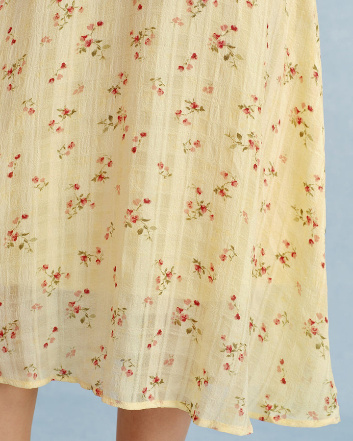 Yellow V Neck Floral Tunic Midi Dress