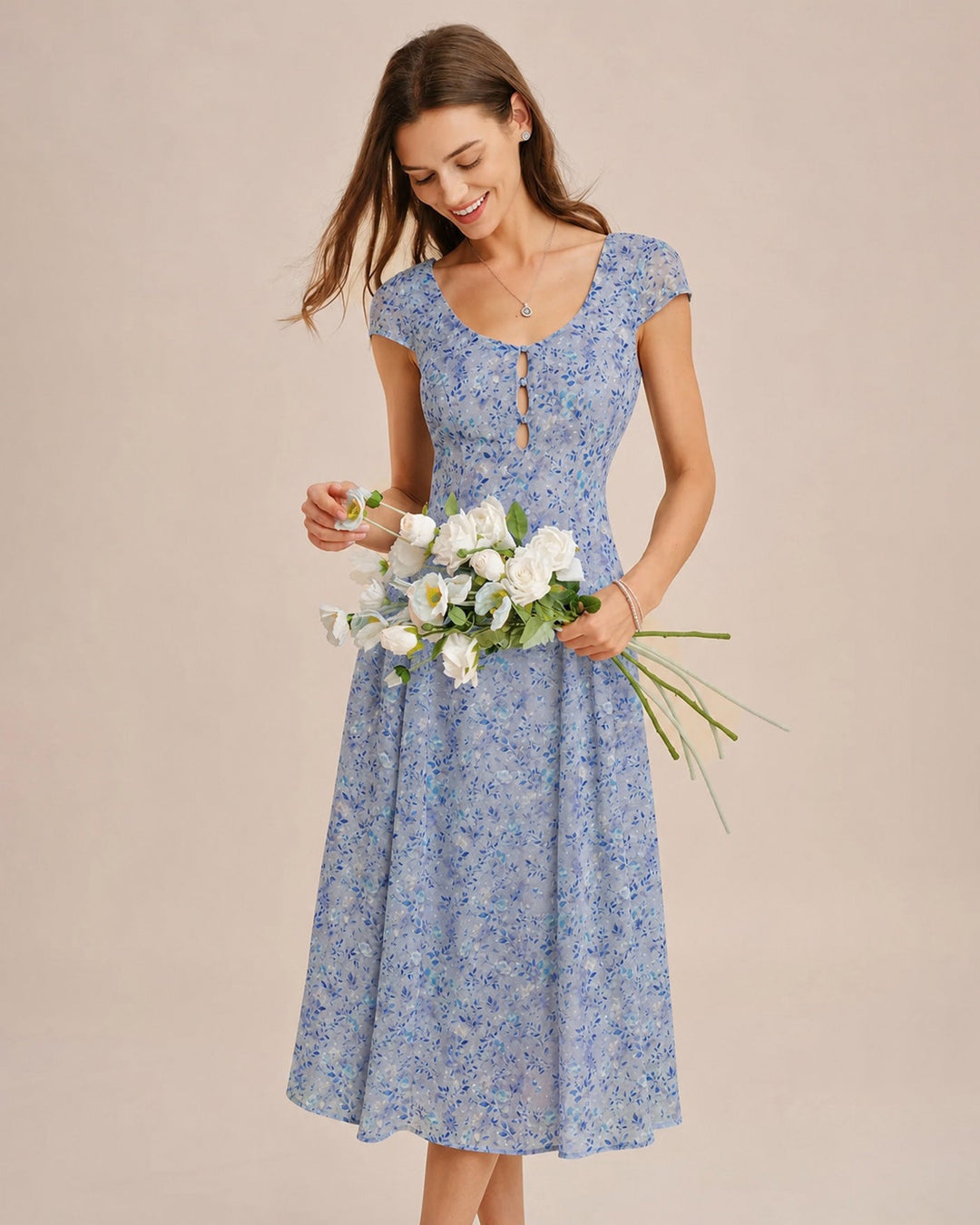 Blue U Neck Button Floral Midi Dress